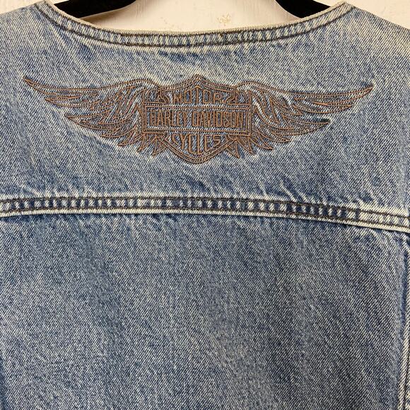 Harley Davidson Mens Blue Denim Plaid Lining Motorcycle Vest VTG Size Large - Picture 4 of 9